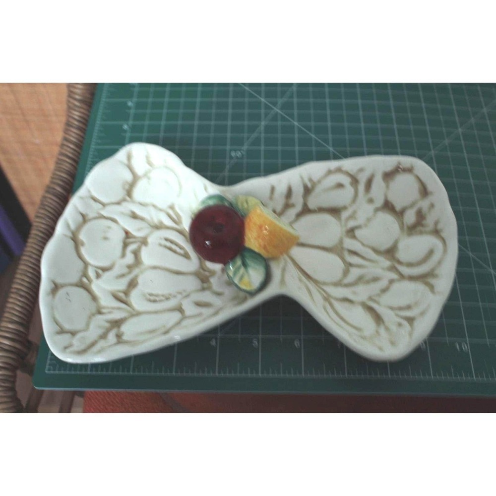 Vintage Ceramic Fruit‎ Divided Serving Dish Cream Embossed Apple Lemon 9.5 Inch